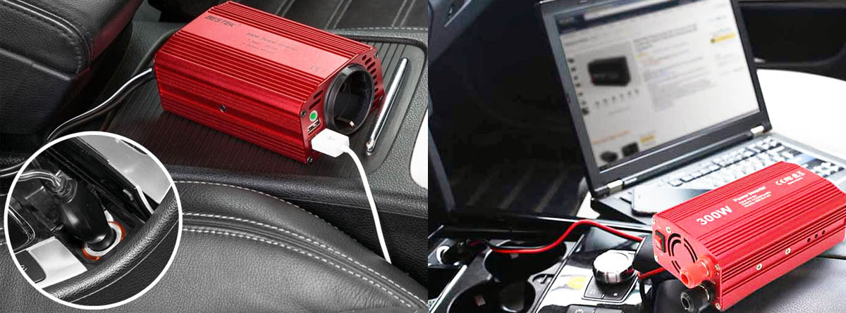 2 red power inverters in car