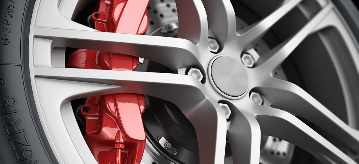 Car wheel and brake system. Red caliper, sport tire. Closeup. Illustration 3d